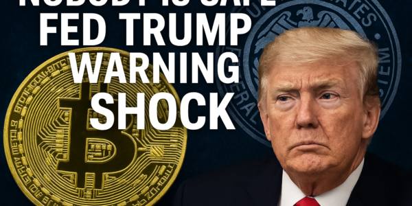 "A Bitcoin coin placed in front of the Federal Reserve emblem and Donald Trump, symbolizing financial instability and cryptocurrency market volatility."