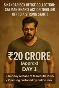A news graphic displaying Salman Khan’s latest action film Sikandar and its box office collection update.