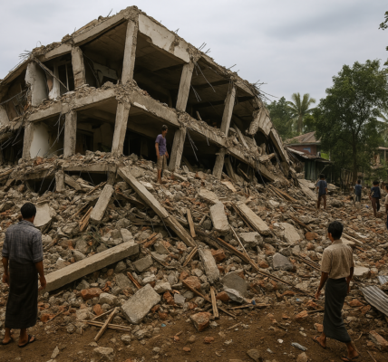 Collapsed buildings and debris in Myanmar after a powerful earthquake, with survivors and rescue workers searching for missing people.