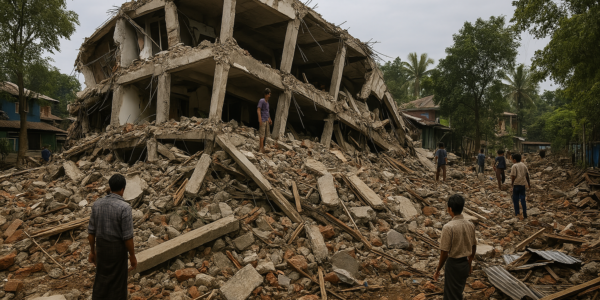 Collapsed buildings and debris in Myanmar after a powerful earthquake, with survivors and rescue workers searching for missing people.