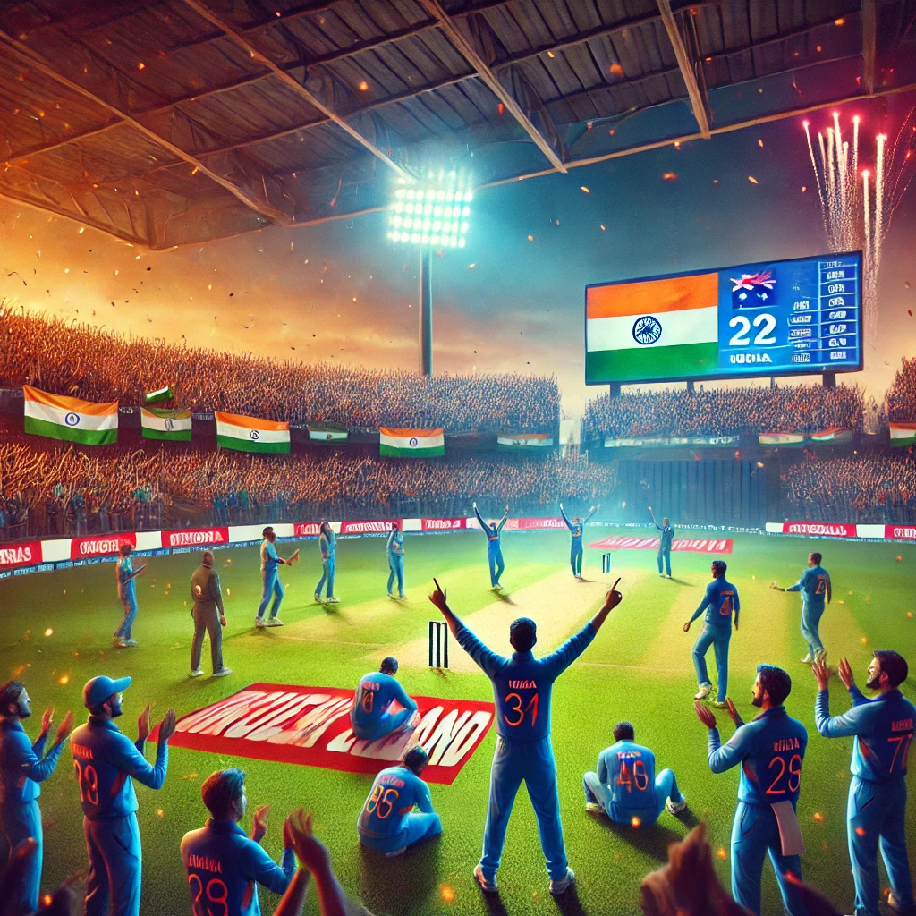 India celebrates victory over New Zealand in ICC Champions Trophy 2025 semi-final qualification.