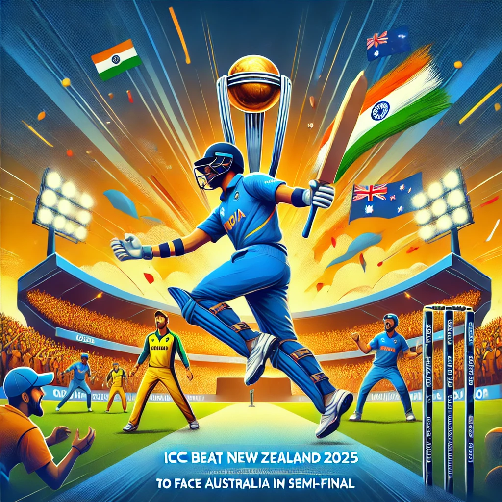 DALL·E 2025 03 03 11.50.53 A high quality featured image for a sports news article on ICC Champions Trophy 2025 India Beat New Zealand to Face Australia in Semi Final. The im