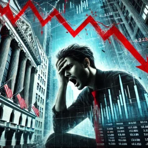 "A red stock market chart showing a dramatic drop, representing the US stock market crash of 2025.