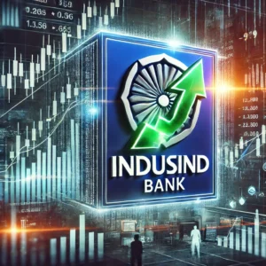 "IndusInd Bank share price rising on a digital stock market screen with green upward arrows and financial graphs."