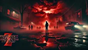 tranger Things Season 5 - Eleven stands ready for battle as Hawkins is consumed by the Upside Down’s eerie red glow.