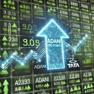 Sensex stock market display showing an 800-point surge with Adani and Tata stocks rising, green arrows indicating a bullish trend.