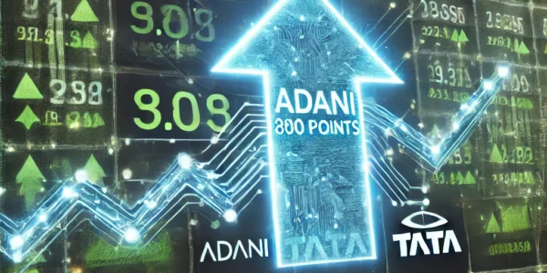 Sensex stock market display showing an 800-point surge with Adani and Tata stocks rising, green arrows indicating a bullish trend.