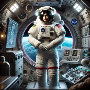 Sunita Williams inside the ISS, preparing for her return mission with Earth in the background.