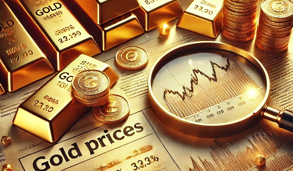 Gold bars and coins with financial newspaper showing gold price trends and market analysis.