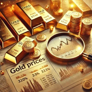 Gold bars and coins with financial newspaper showing gold price trends and market analysis. Gold price today