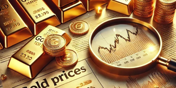 Gold bars and coins with financial newspaper showing gold price trends and market analysis.
