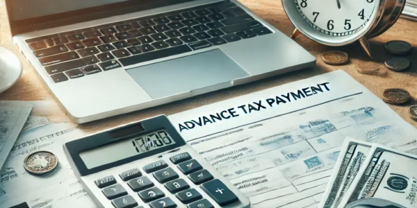 DALL·E 2025 03 15 18.44.12 A professional and visually appealing image representing tax payment. The image should include a calculator tax documents a laptop displaying an onl 1