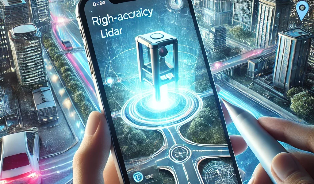 Apple’s ‘Surveyor’ app using LiDAR technology for real-time 3D mapping in a modern city environment.