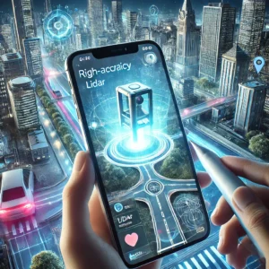 Apple’s ‘Surveyor’ app using LiDAR technology for real-time 3D mapping in a modern city environment.