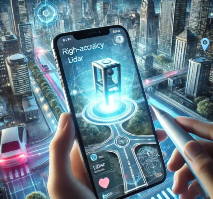 Apple’s ‘Surveyor’ app using LiDAR technology for real-time 3D mapping in a modern city environment.