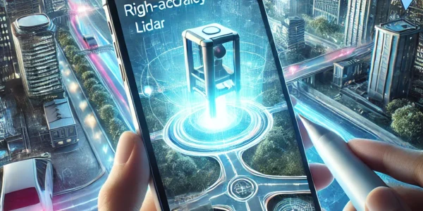 Apple’s ‘Surveyor’ app using LiDAR technology for real-time 3D mapping in a modern city environment.