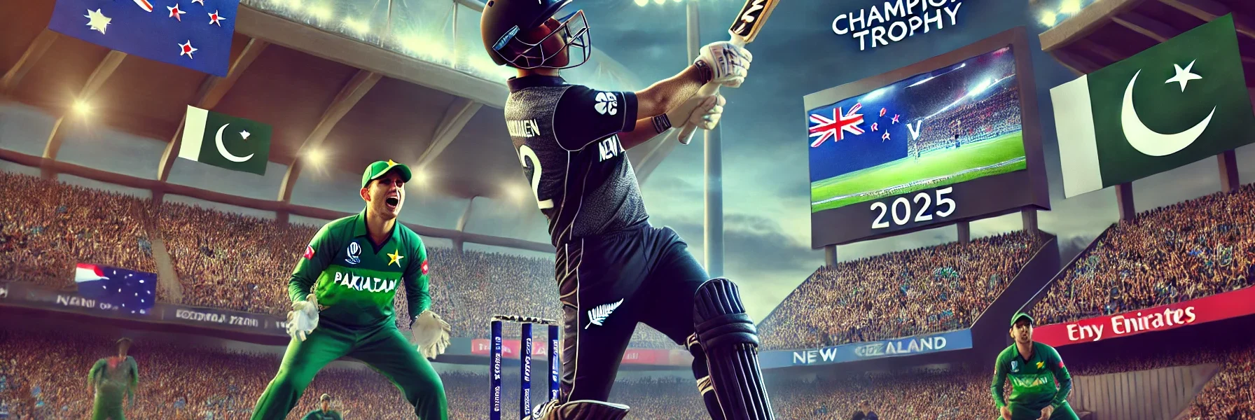 A thrilling cricket moment from the New Zealand vs Pakistan match in the Champions Trophy 2025, featuring a New Zealand batsman hitting a shot while a Pakistani bowler watches in action. The stadium is packed with fans, and the scoreboard in the background highlights New Zealand’s strong performance.