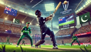 A thrilling cricket moment from the New Zealand vs Pakistan match in the Champions Trophy 2025, featuring a New Zealand batsman hitting a shot while a Pakistani bowler watches in action. The stadium is packed with fans, and the scoreboard in the background highlights New Zealand’s strong performance.