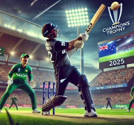 A thrilling cricket moment from the New Zealand vs Pakistan match in the Champions Trophy 2025, featuring a New Zealand batsman hitting a shot while a Pakistani bowler watches in action. The stadium is packed with fans, and the scoreboard in the background highlights New Zealand’s strong performance.