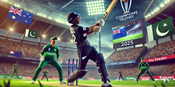 A thrilling cricket moment from the New Zealand vs Pakistan match in the Champions Trophy 2025, featuring a New Zealand batsman hitting a shot while a Pakistani bowler watches in action. The stadium is packed with fans, and the scoreboard in the background highlights New Zealand’s strong performance.