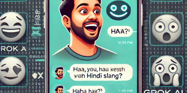 AI chatbot Grok responding with Hindi slang on a screen, surrounded by social media reaction icons and an amused user, representing the viral meme trend.