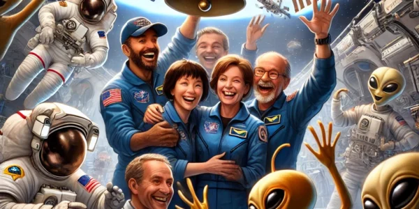 Sunita Williams and Butch Wilmore welcome Crew-10 aboard the ISS with hugs, bell-ringing, and a playful 'alien' gesture in a zero-gravity environment.