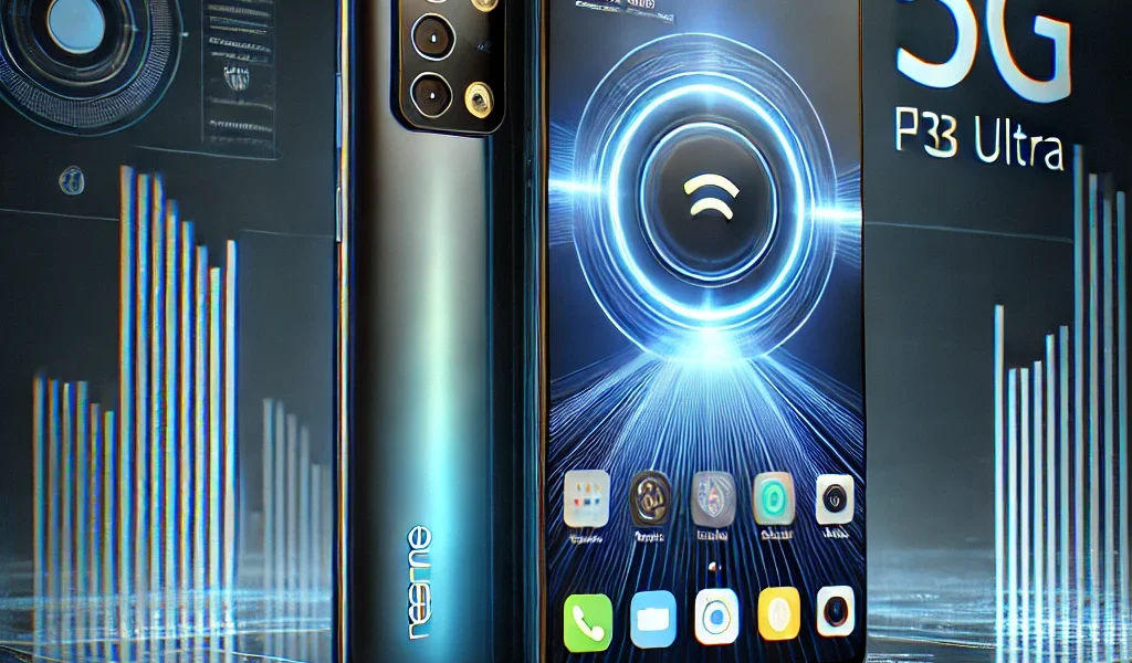 Realme P3 Ultra 5G smartphone with a sleek glass design, 6.7-inch AMOLED display, triple camera setup, and 5G connectivity.