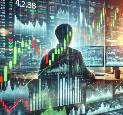 Nifty 50 stock market trading screen with real-time financial data and candlestick charts. Title: Nifty 50 Market Trends – March 17, 2025