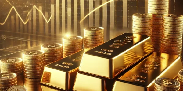 Gold bars and coins stacked with a financial chart showing an upward trend, symbolizing rising gold prices in 2025.