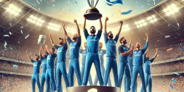 India Masters cricket team celebrating their IML 2025 victory with a trophy on the podium.