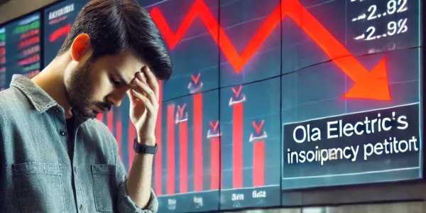 A stock market display screen showing a sharp decline in Ola Electric's share price with red downward arrows. A worried investor checks his phone, while financial news headlines mention an insolvency petition.