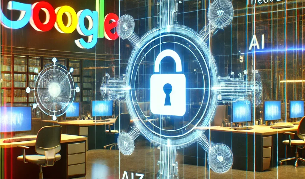 A futuristic digital illustration of Google’s headquarters featuring holographic cybersecurity shields, AI-driven threat detection, and the Wiz logo in a high-tech atmosphere.