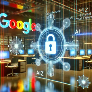 A futuristic digital illustration of Google’s headquarters featuring holographic cybersecurity shields, AI-driven threat detection, and the Wiz logo in a high-tech atmosphere.