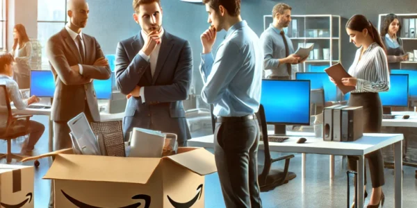 "Amazon employees packing their belongings in an office after layoffs, showing a corporate downsizing scene."
