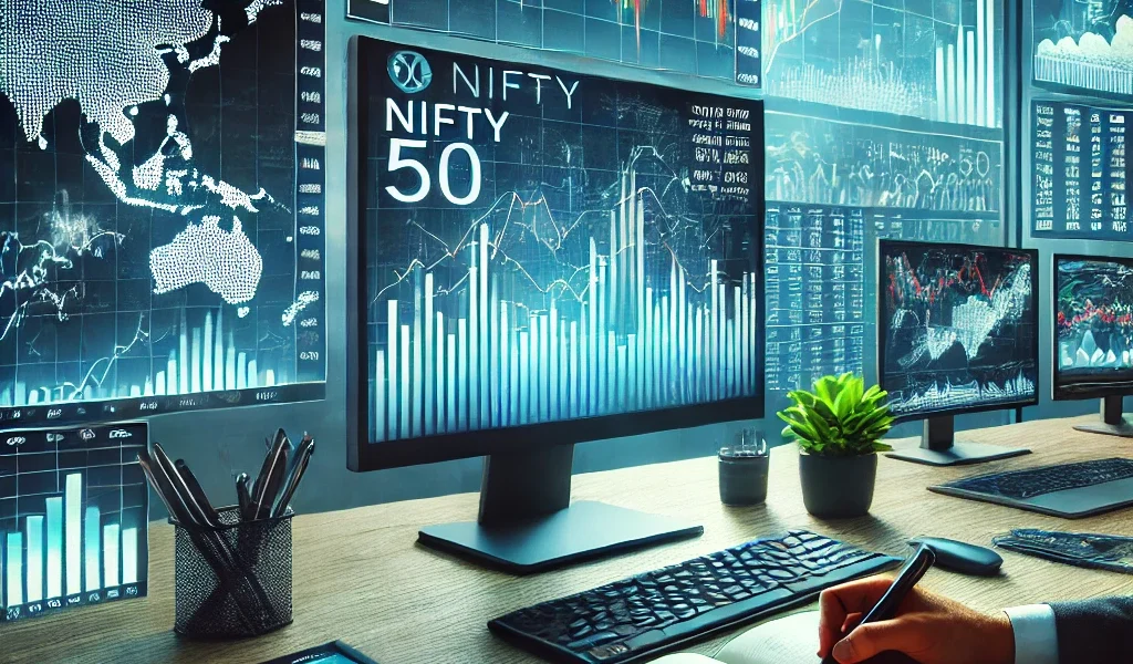 A modern stock market trading setup with multiple screens displaying Nifty 50 charts, global trends, and stock prices. A financial analyst is analyzing data.