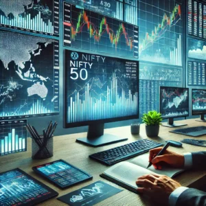 A modern stock market trading setup with multiple screens displaying Nifty 50 charts, global trends, and stock prices. A financial analyst is analyzing data.