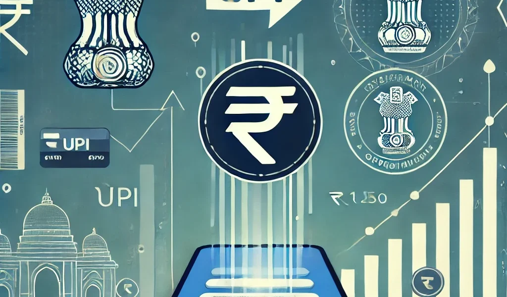 Illustration of India's digital payment growth with a smartphone showing a UPI transaction, rupee symbols, and a government approval stamp.