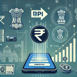  Illustration of India's digital payment growth with a smartphone showing a UPI transaction, rupee symbols, and a government approval stamp.