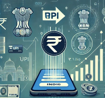 Illustration of India's digital payment growth with a smartphone showing a UPI transaction, rupee symbols, and a government approval stamp.