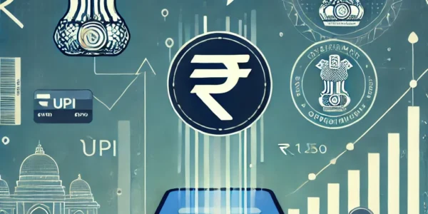 Illustration of India's digital payment growth with a smartphone showing a UPI transaction, rupee symbols, and a government approval stamp.