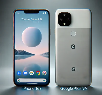 A side-by-side comparison of the iPhone 16E and Pixel 9A, showcasing their front and back designs, camera placements, and sleek modern aesthetics.