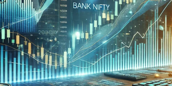 "Stock market chart showing Nifty 50 and Bank Nifty trends with a 200-day EMA indicator and an upward trendline."