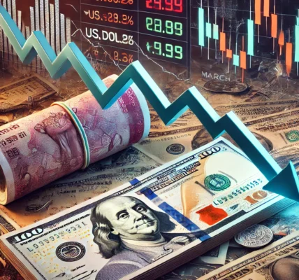 Illustration of Indian rupee notes and US dollar bills placed on a financial chart with a downward trend, symbolizing the depreciation of the rupee in March 2025.