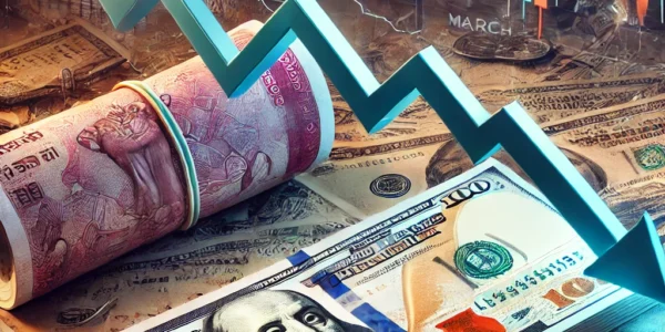 Illustration of Indian rupee notes and US dollar bills placed on a financial chart with a downward trend, symbolizing the depreciation of the rupee in March 2025.