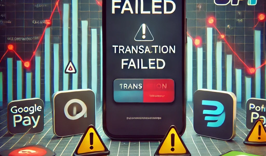 A smartphone screen displaying a “Transaction Failed” message with UPI app icons (Google Pay, PhonePe, Paytm) and a declining transaction graph in the background, indicating a UPI outage.