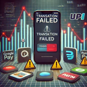 A smartphone screen displaying a “Transaction Failed” message with UPI app icons (Google Pay, PhonePe, Paytm) and a declining transaction graph in the background, indicating a UPI outage.