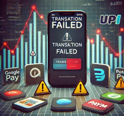 A smartphone screen displaying a “Transaction Failed” message with UPI app icons (Google Pay, PhonePe, Paytm) and a declining transaction graph in the background, indicating a UPI outage.