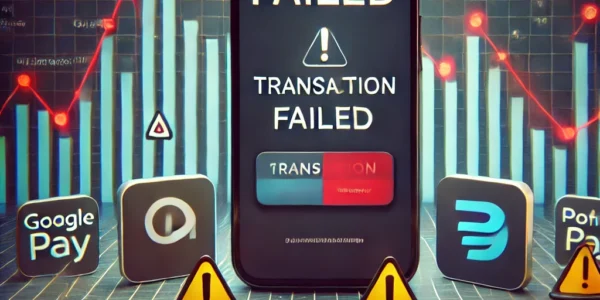 A smartphone screen displaying a “Transaction Failed” message with UPI app icons (Google Pay, PhonePe, Paytm) and a declining transaction graph in the background, indicating a UPI outage.