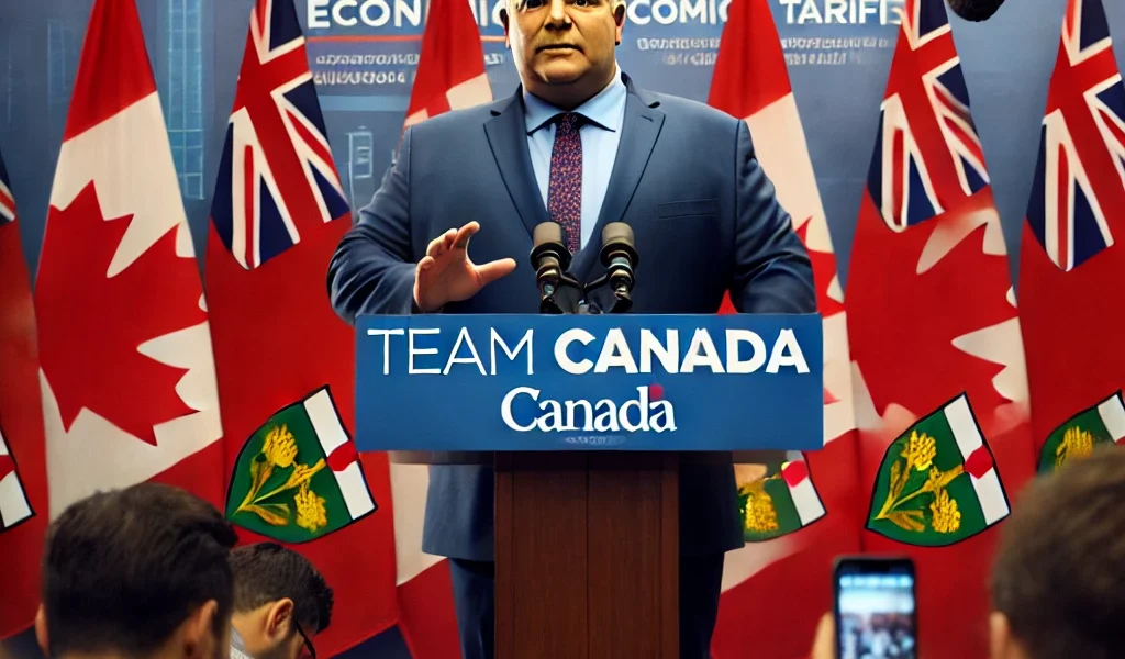 Doug Ford speaking at a podium with the Canadian flag behind him, addressing journalists about Canada’s response to U.S. tariffs.
