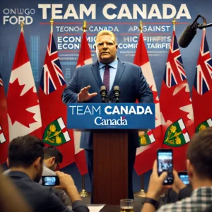  Doug Ford speaking at a podium with the Canadian flag behind him, addressing journalists about Canada’s response to U.S. tariffs.